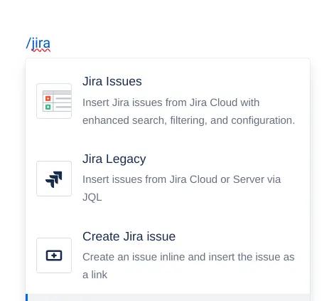 A screenshot of the Jira shortcut and the 'Create Jira issue' macro in Confluence