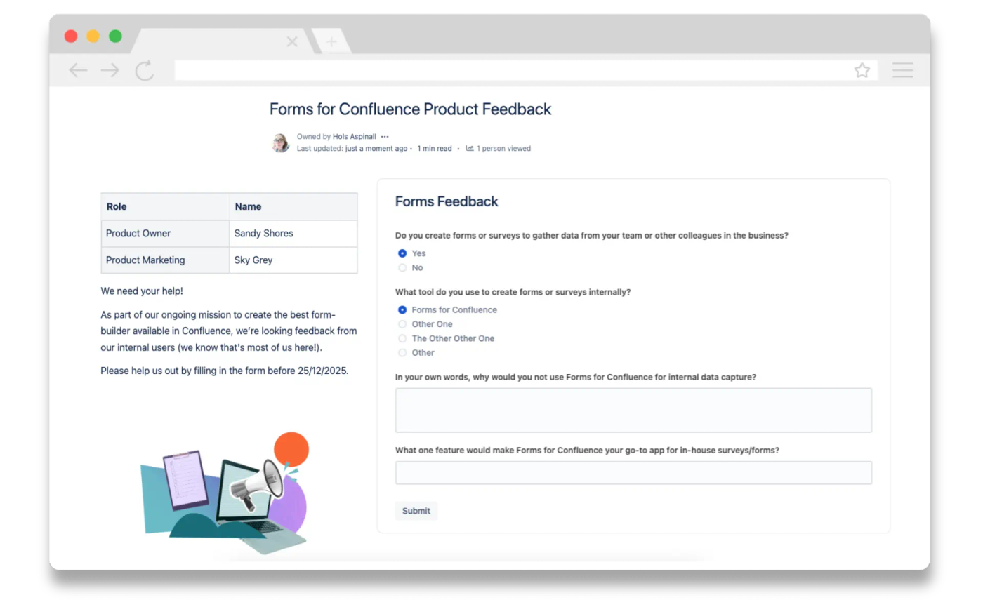 A Confluence page with different survey elements shown