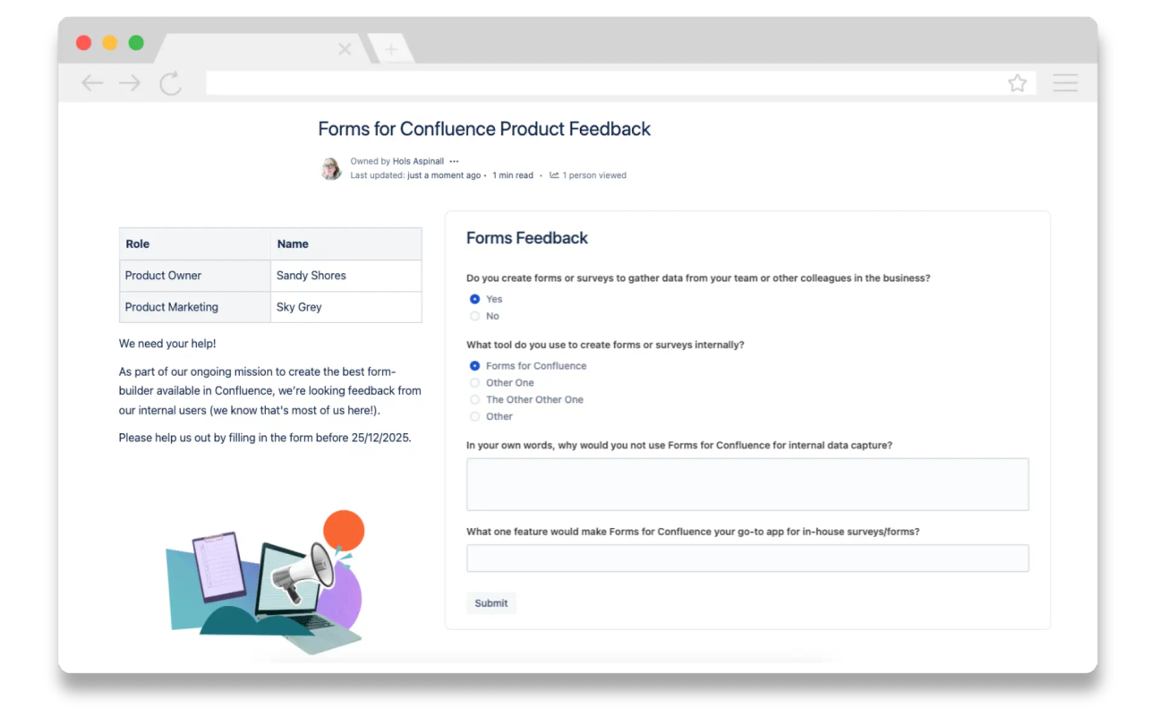 A Confluence page with different survey elements shown