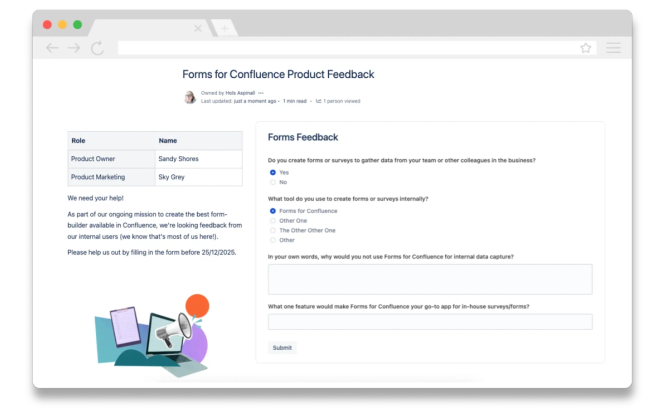 A product feedback form embedded in a Confluence page