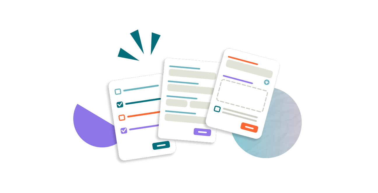 Three fanned Confluence forms, each displaying different question types