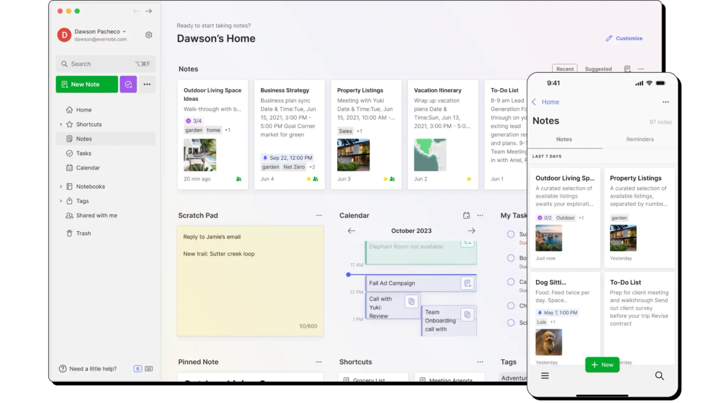 A desktop browser and mobile app showing Evernote’s homepage in two formats