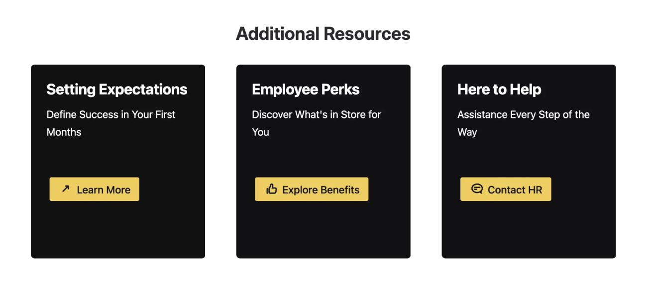 A screenshot of the 'Additional Resources' section of the Modern Onboarding Page Template with yellow buttons on black backgrounds