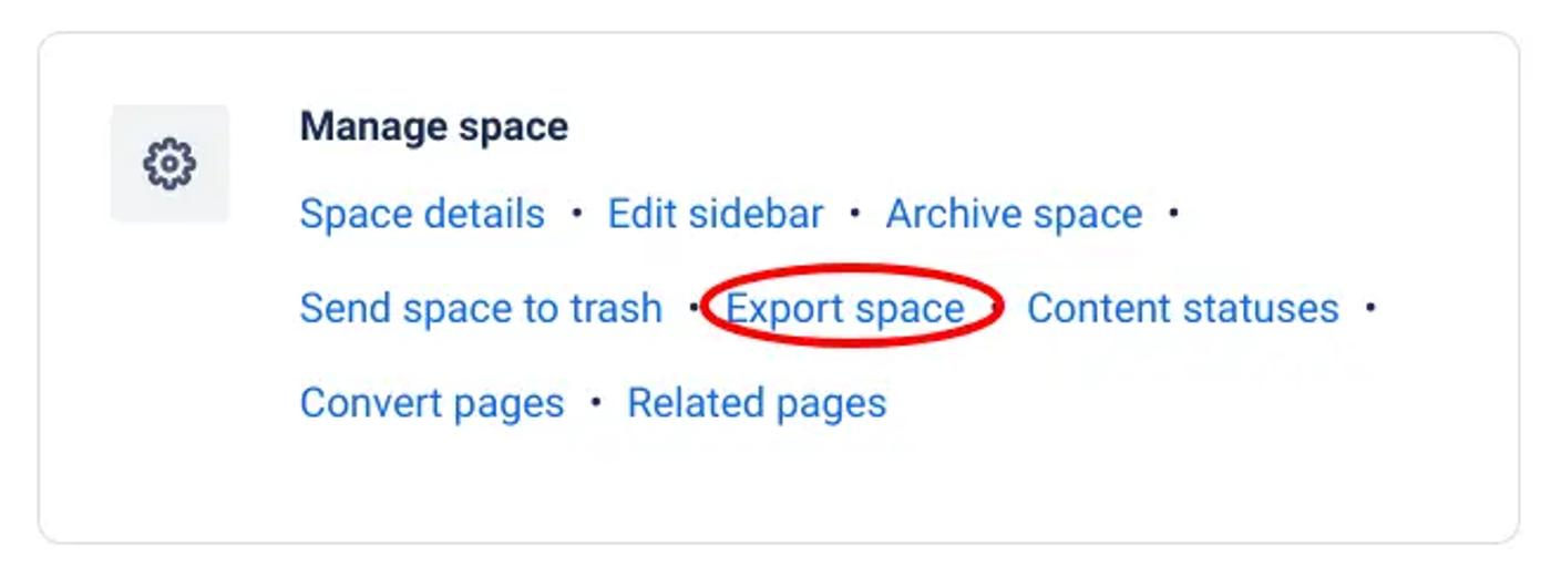 The ‘Manage space’ Confluence settings with ‘Export space’ circled