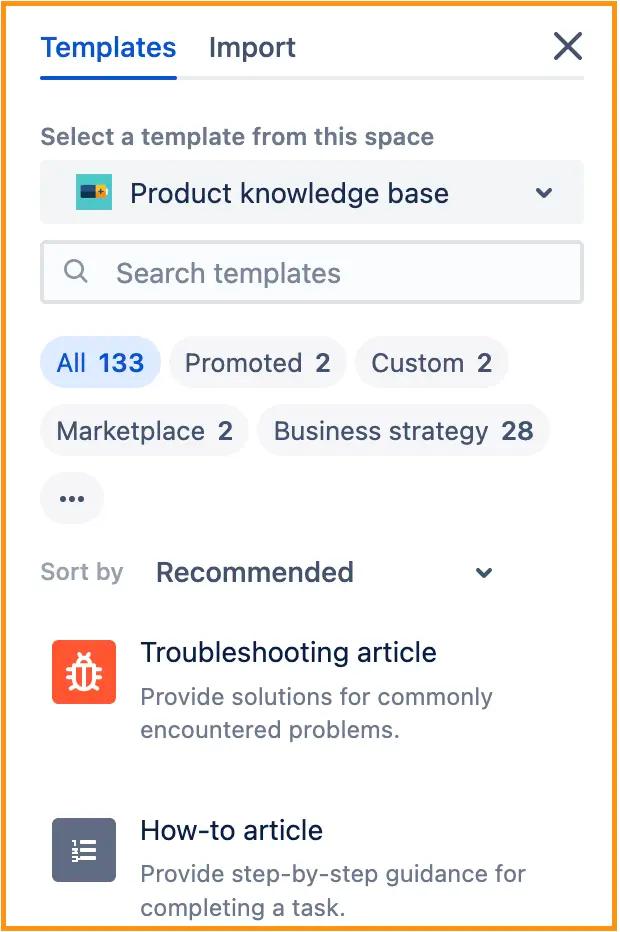 A screenshot of Confluence's template sidebar with the knowledge base template selected