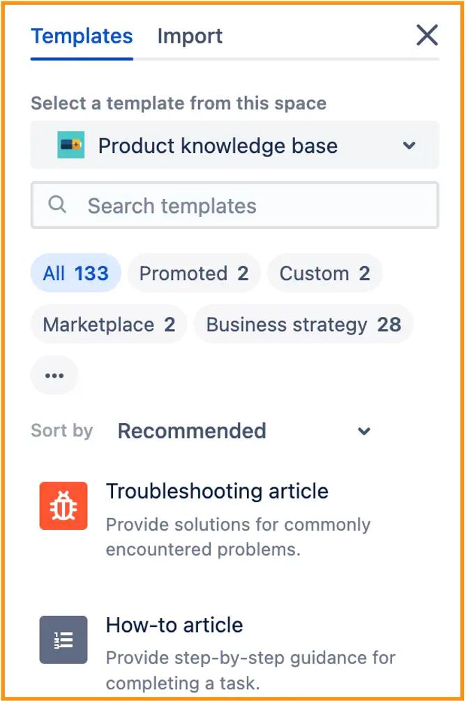A screenshot of Confluence's template sidebar with the knowledge base template selected