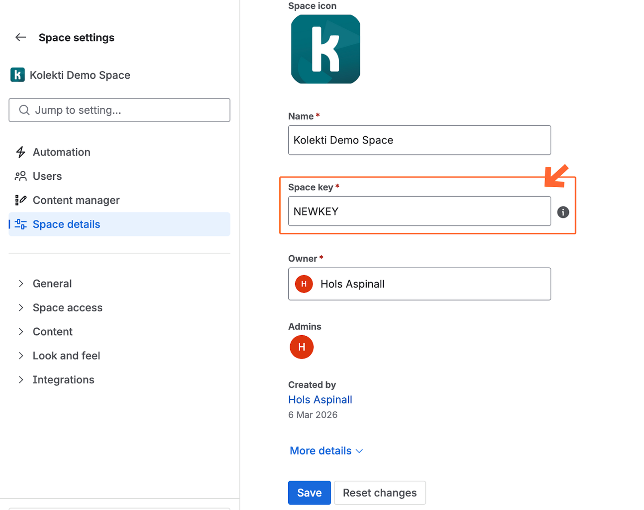 Screenshot showing the 'Space details' section of a Confluence space settings. The 'Space key' field has been circled in orange.