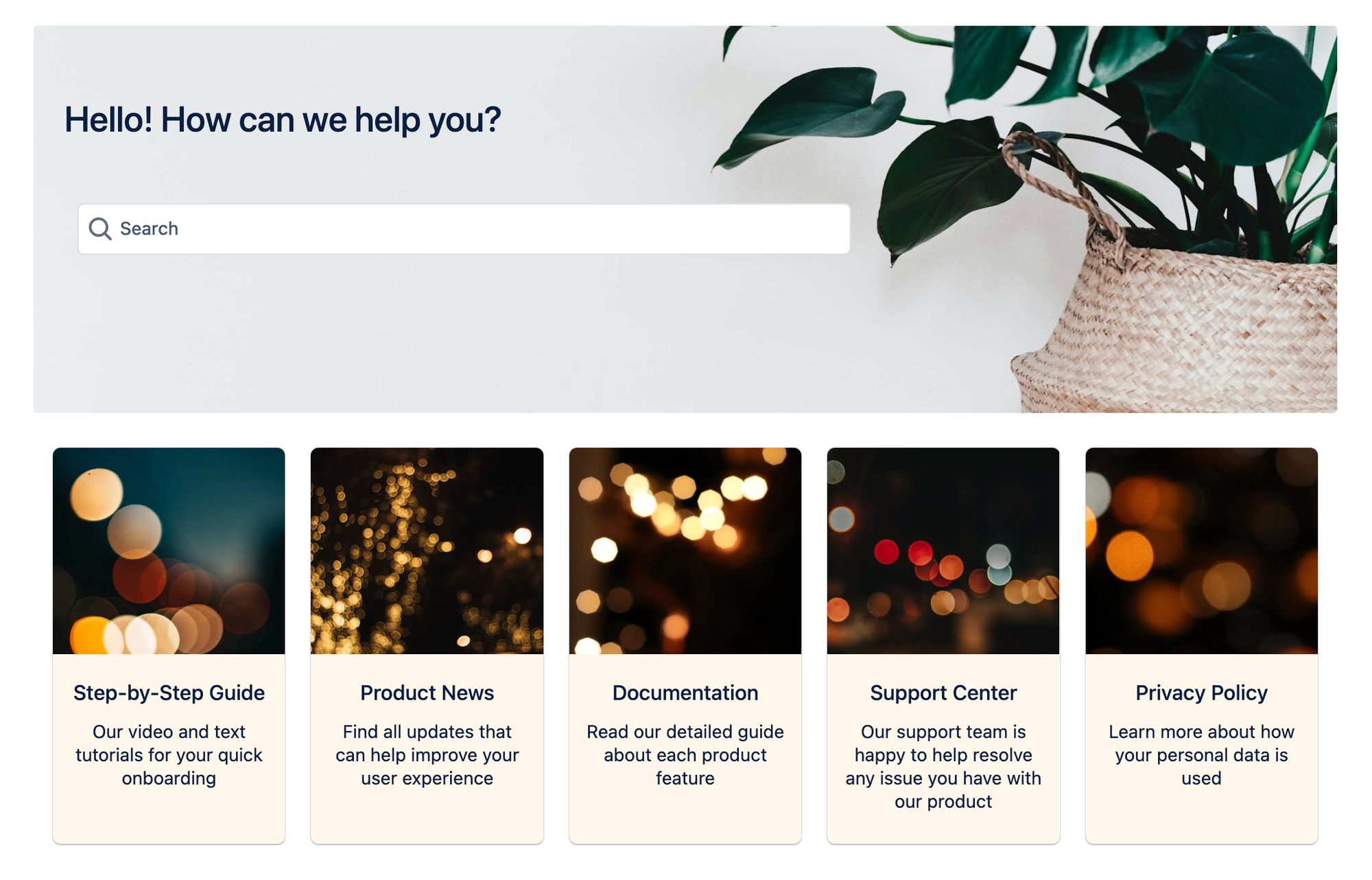 A screenshot of five cards with links to documentation and news in a Confluence knowledge base