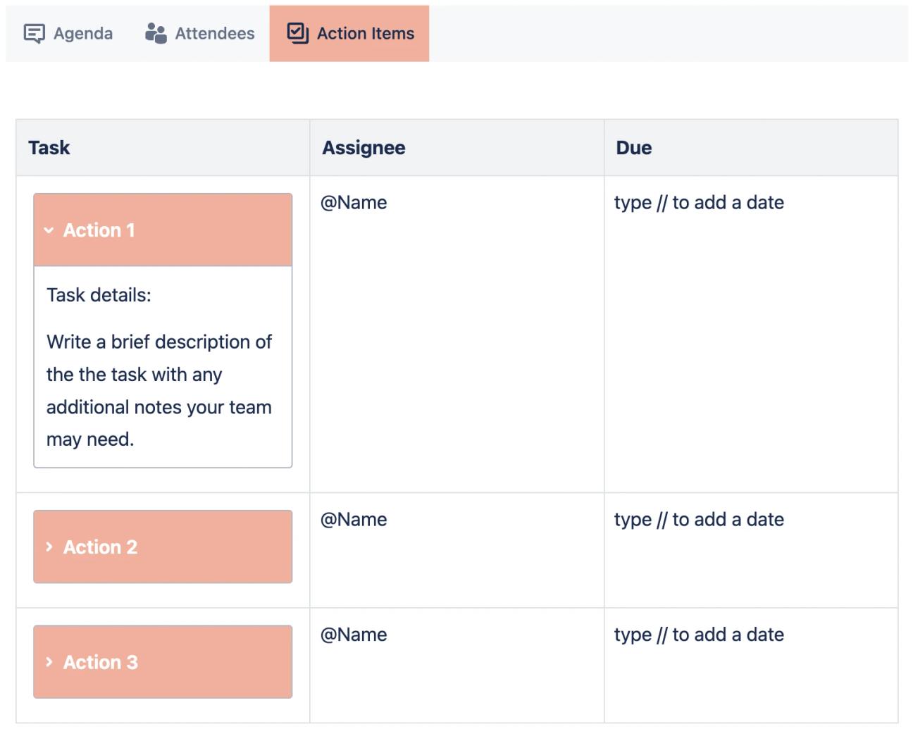 The "Action Items" section of the Weekly Meeting Notes Template for Confluence.