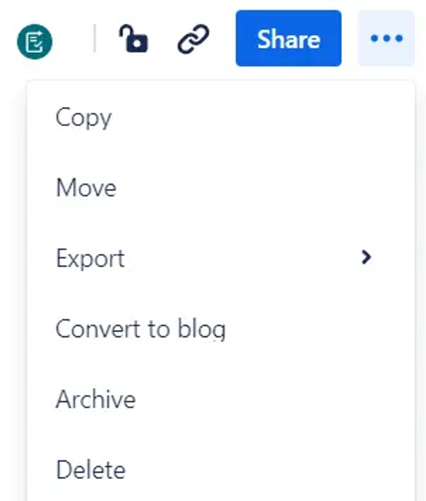 The More actions dropdown menu from a Confluence page