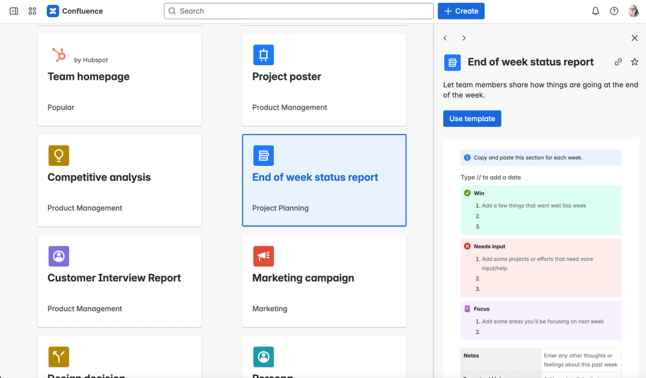 A Confluence screenshot showing cards to represent different templates