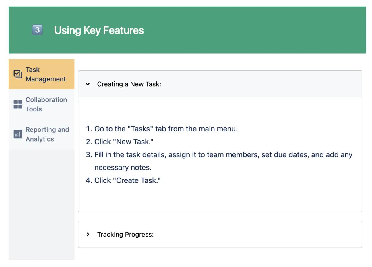 A Confluence how-to guide with tabs breaking down different software features