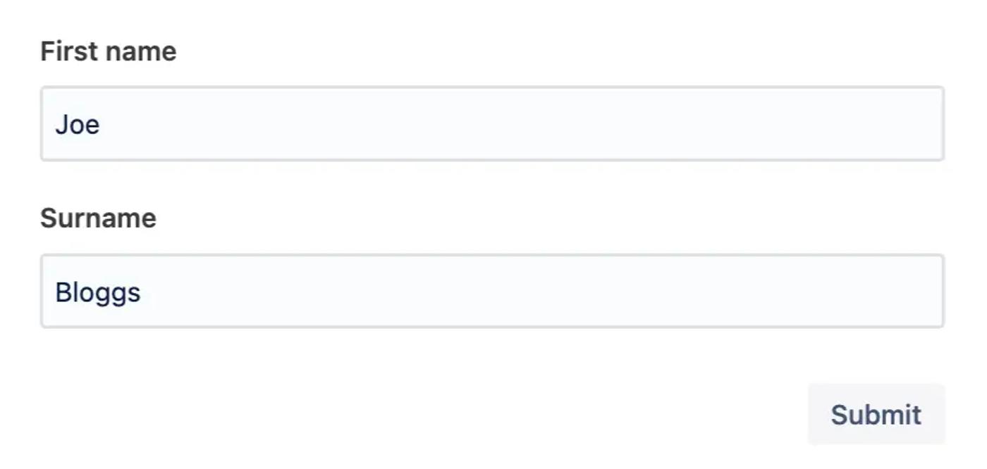 Two short answer boxes, one for first name and the other for surname