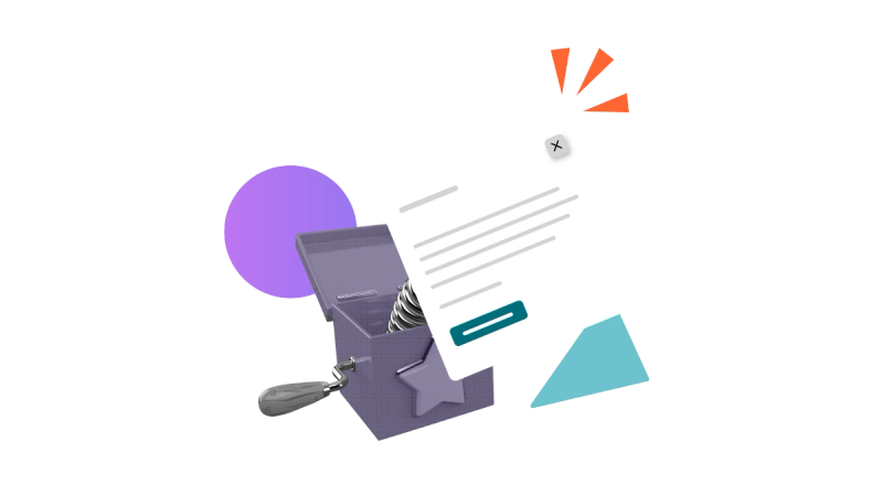 A document popping out of a box with a wind-up handle against a stylised background