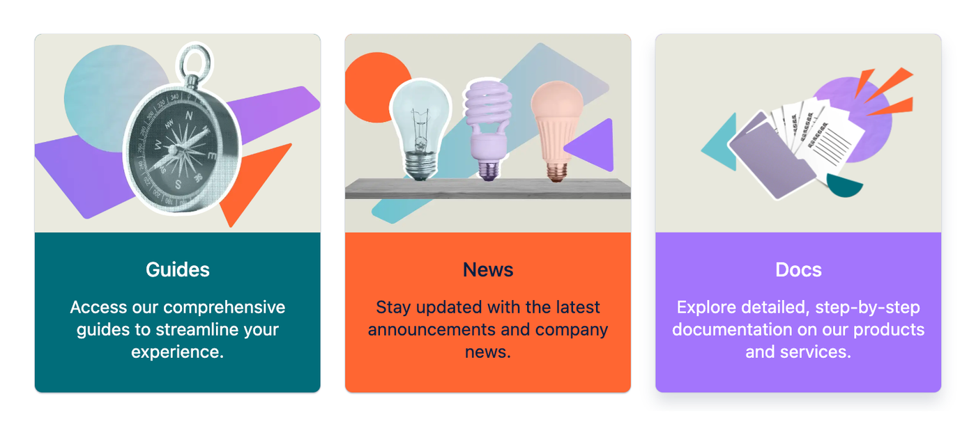 Three content cards labeled Guides, News, and Docs with icons of a compass, lightbulbs, and documents respectively respectively