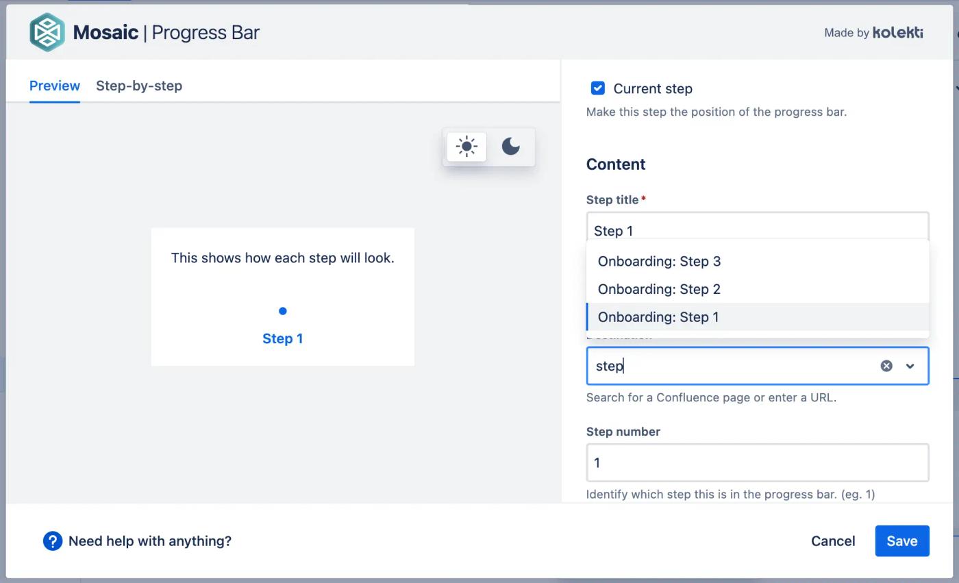 The Confluence Progress Bar editor showing a user searching for a page to link to