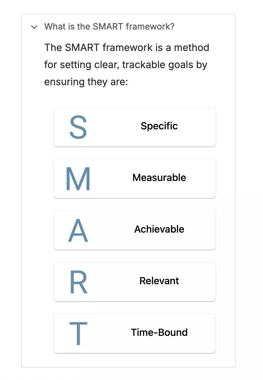 A screenshot of the 'SMART framework' collapsible section of the Agile Sprint Goal Template