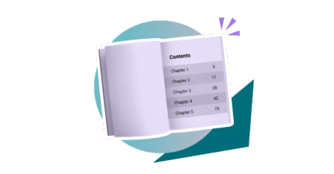 A book open on its contents page on a stylised background