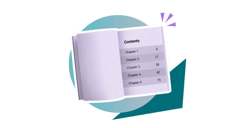 A book open on its contents page on a stylised background