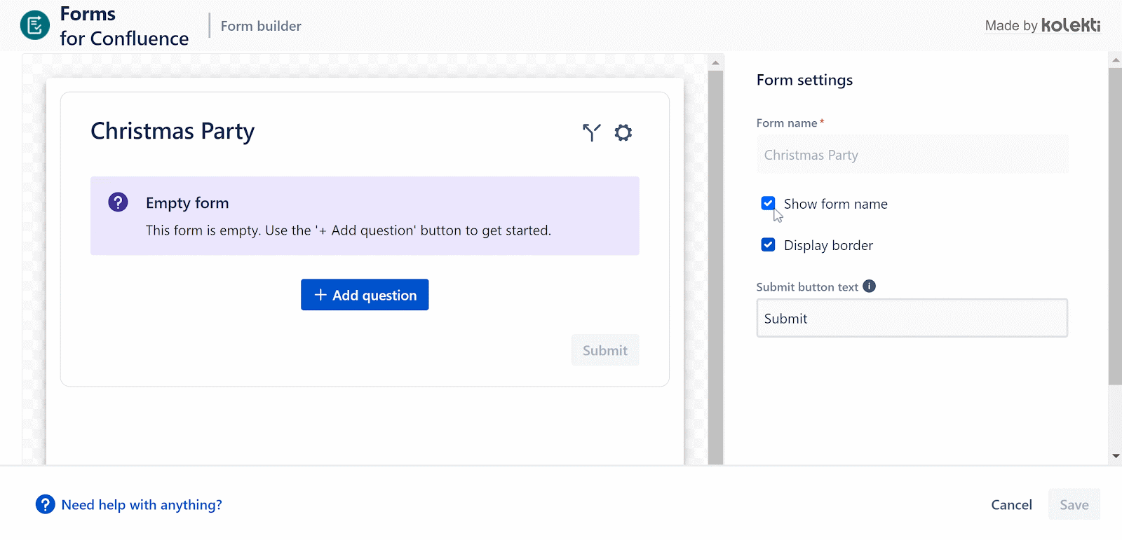 A GIF of a user unselecting the option to display a border on the form