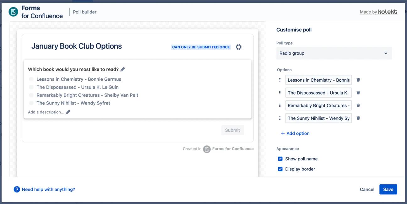 The Forms for Confluence poll editor dialog showing different options for a book club