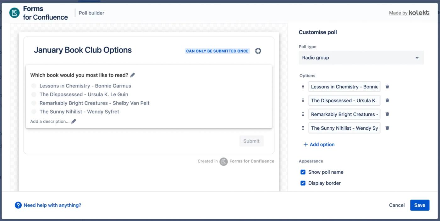 The Forms for Confluence poll editor dialog showing different options for a book club