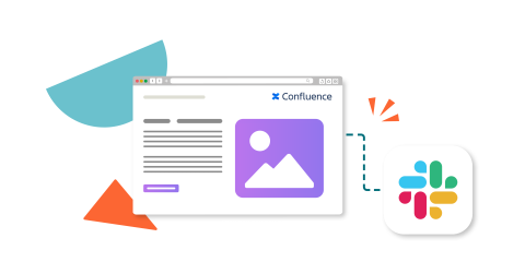 A dotted line connects a browser window showing a Confluence space to the Slack logo.