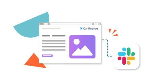 A dotted line connects a browser window showing a Confluence space to the Slack logo.