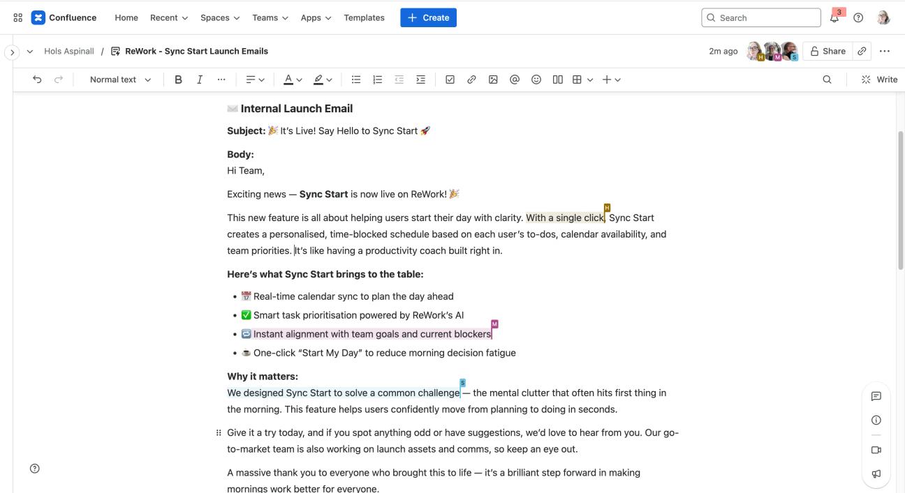 A screenshot of three people highlighting text in a Confluence live doc