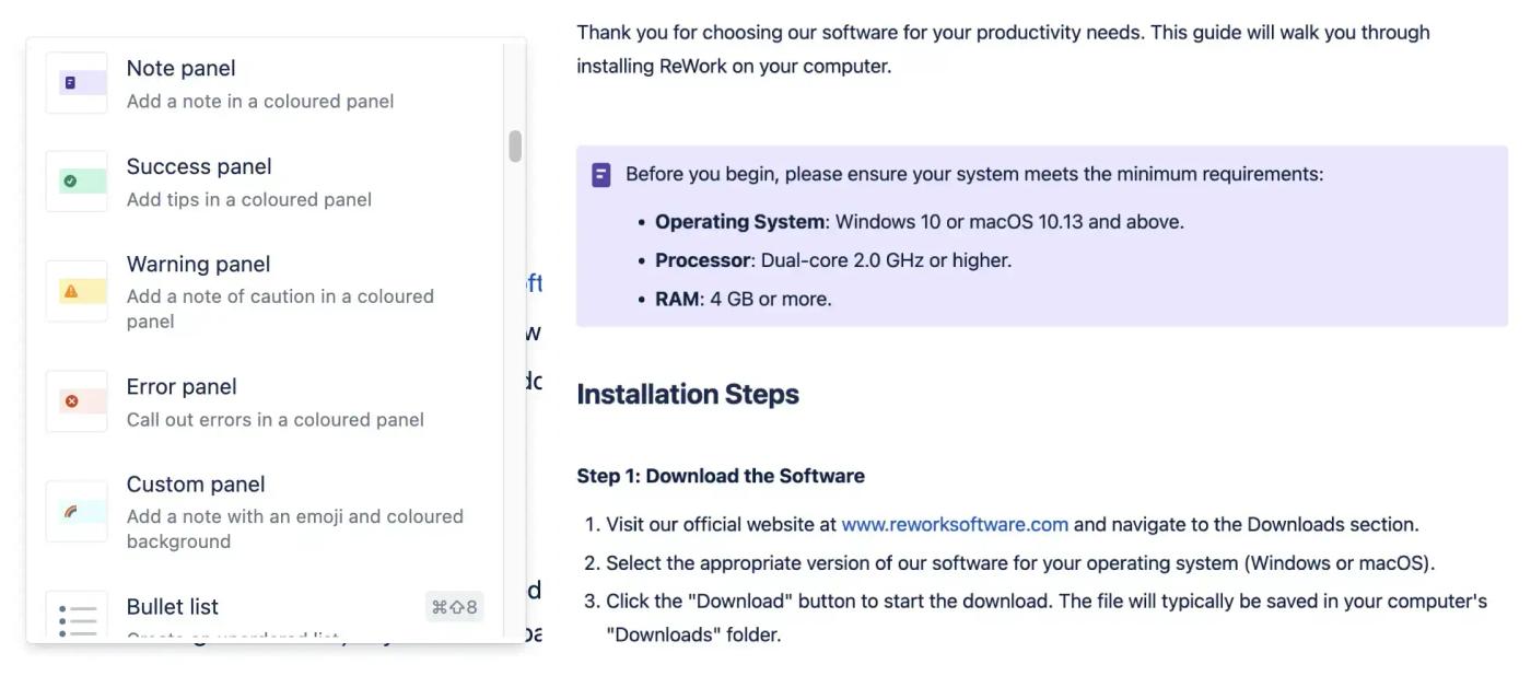 A menu showing the Panel macros beside a Confluence page with a purple section highlighting software requirements