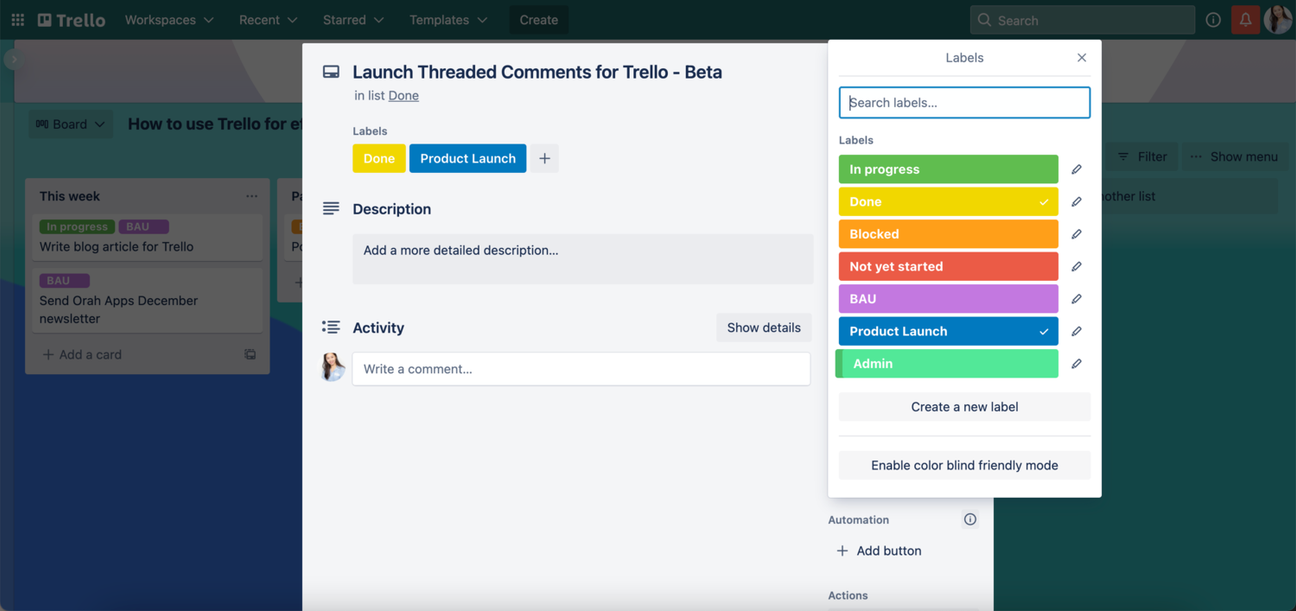A screenshot showing labels used on a Trello card