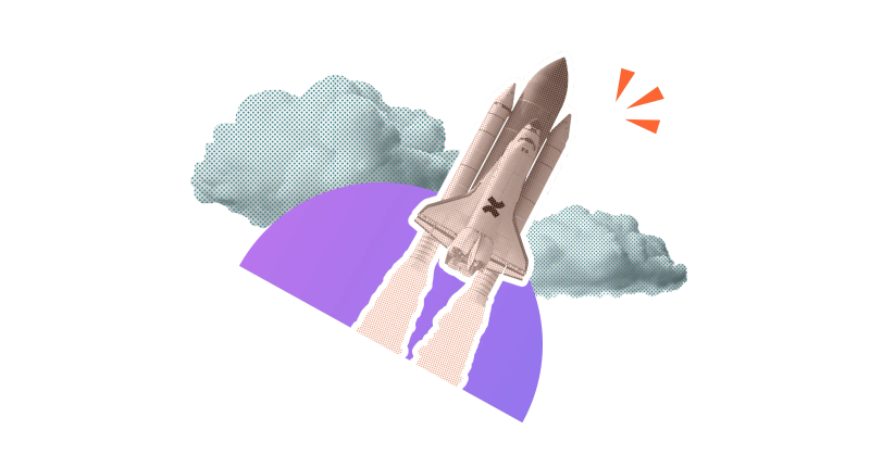 A rocket blasting off into the clouds on a stylised background