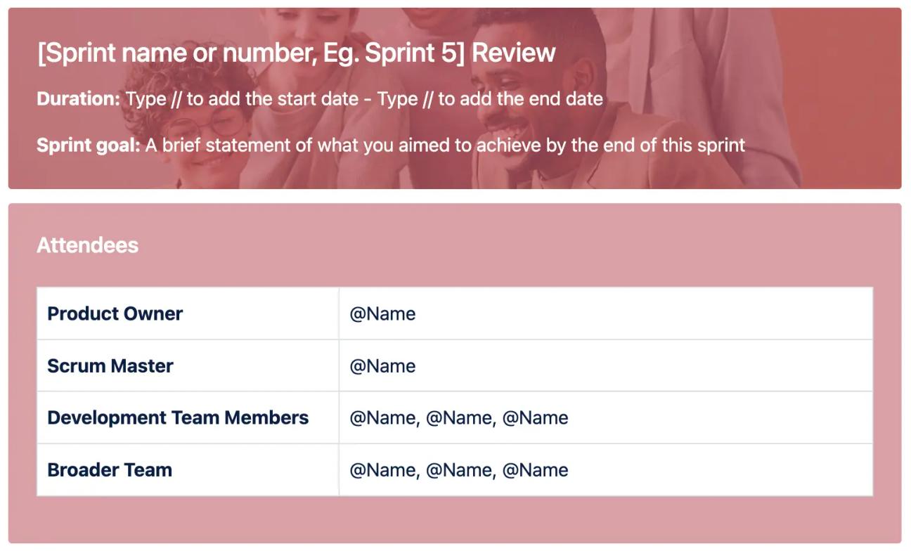 The sprint details and attendees sections of the Sprint Review Template for Confluence