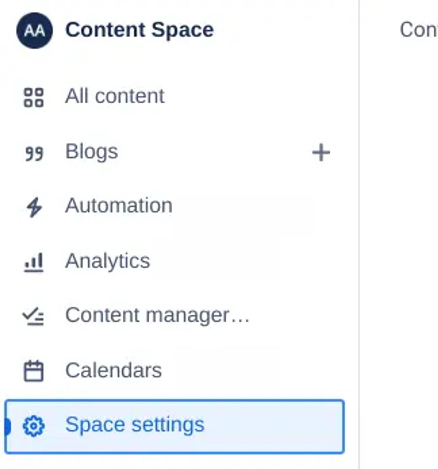 A Confluence space sidebar with the Space settings section highlighted