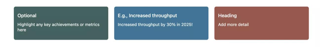 A screenshot of the 'Highlighted metrics' section of the Agile Delivery Metrics Template, showing three cards in different colours, with space to add metrics you want to highlight