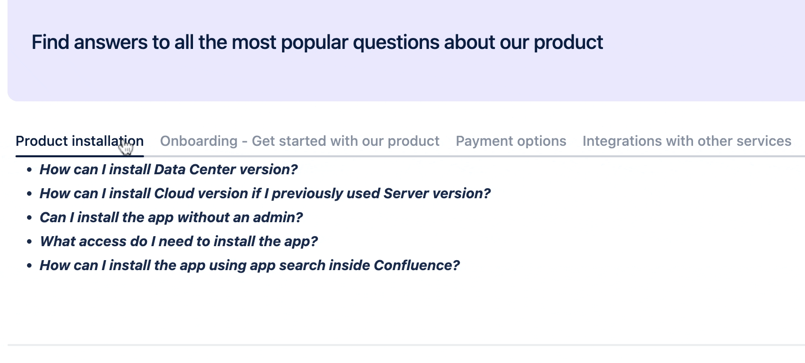 A gif of a cursor clicking through tabs on a Confluence page FAQ