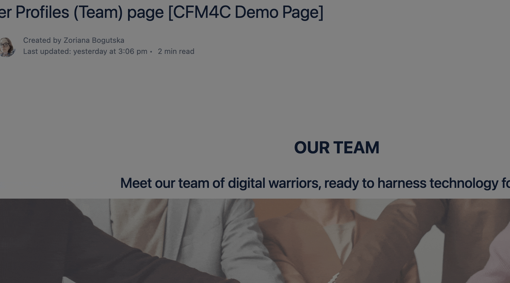 A gif of a custom Alert that welcomes users to the company team page
