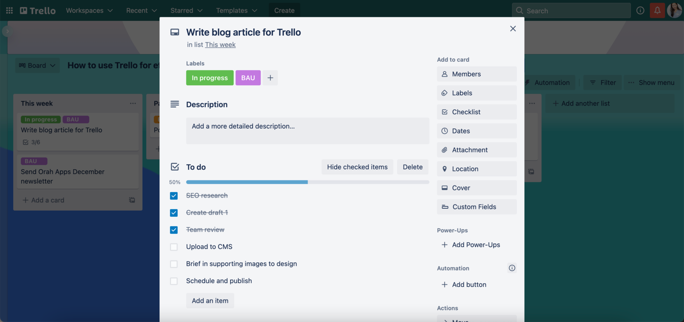 A screenshot showing checklists on a Trello card