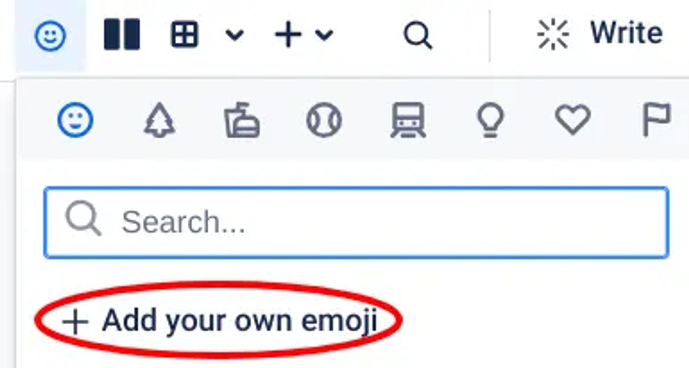 A screenshot of the 'Add your own emoji' button in the Confluence emoji menu