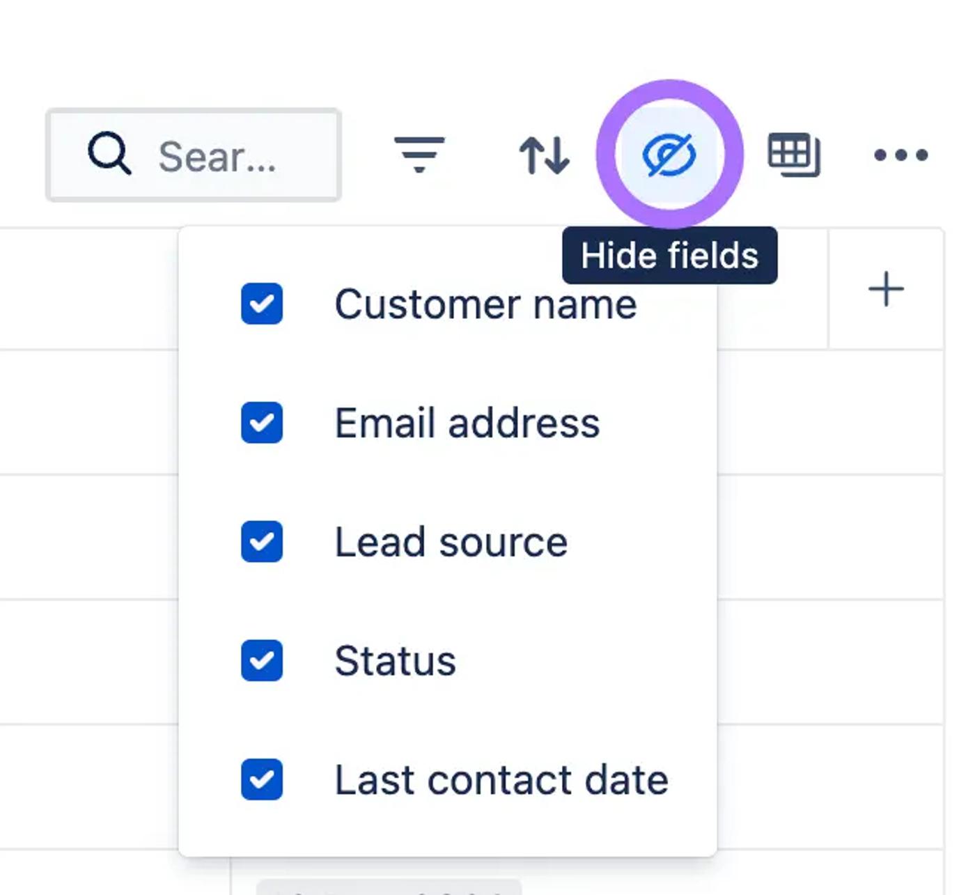 The ‘Hide fields’ button in a Confluence database