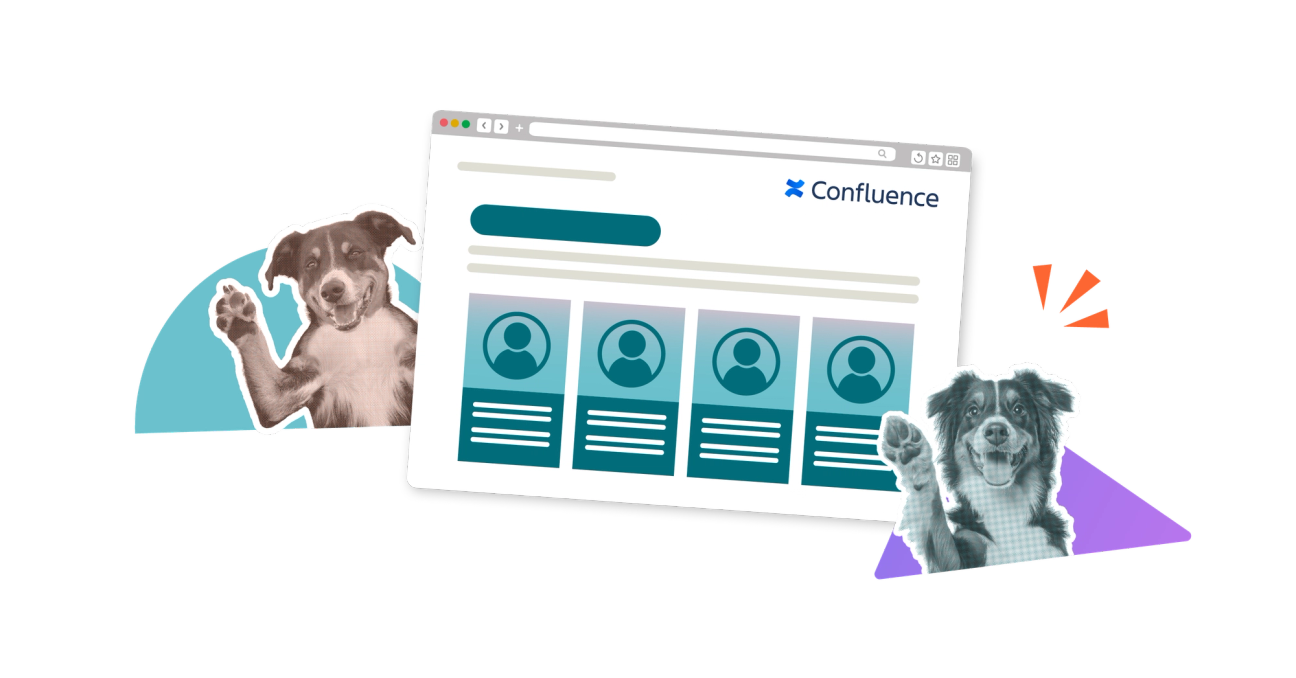 A stylised rendering of a Confluence team page with a dog waving on either side