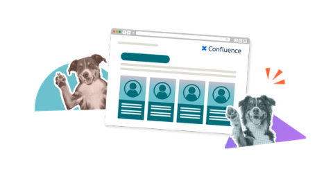Illustration of a Confluence browser window with dogs waving on either side, set against a neutral background.