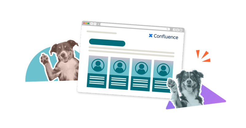 Illustration of a Confluence browser window with dogs waving on either side, set against a neutral background.