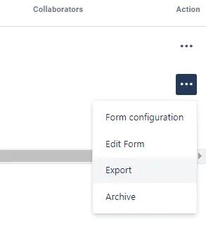 A user selecting ‘Export’ from a forms action menu in Forms for Confluence