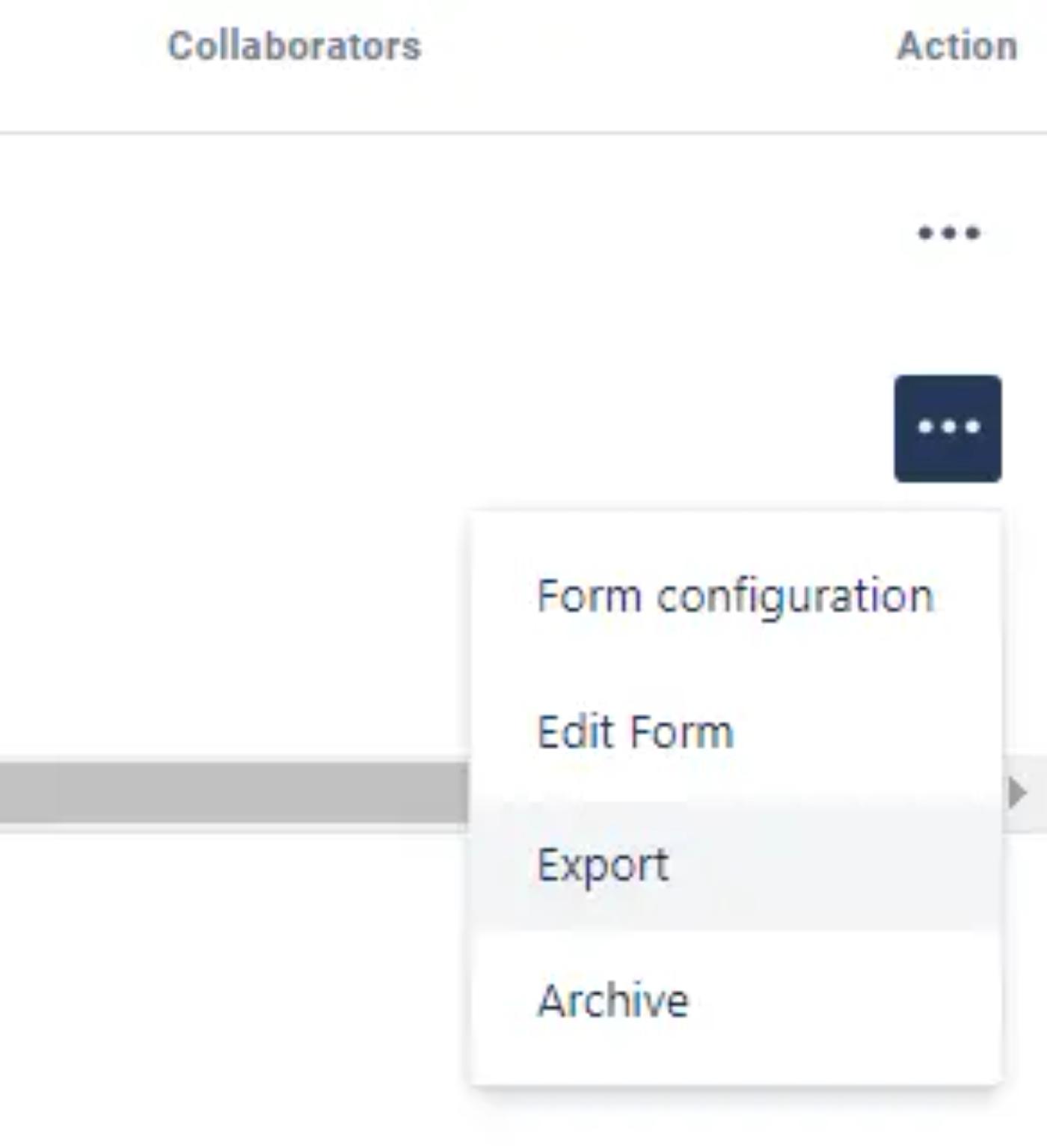 A user selecting ‘Export’ from a forms action menu in Forms for Confluence