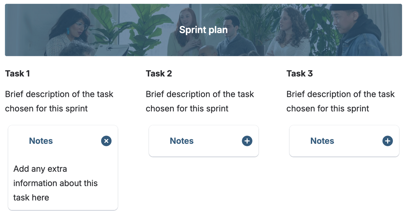 A section of the Sprint Plan Template showing a set of tasks with more details in collapsible sections