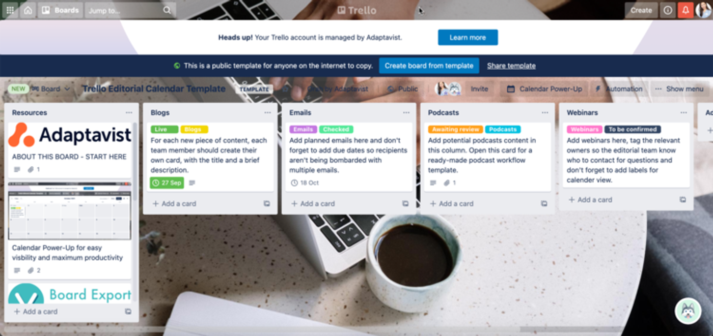 The ready-made editorial calendar board template for Trello