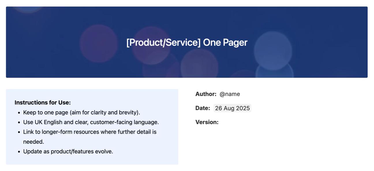 The top section of Mosaic's one-pager for Confluence, showing the heading in a blue background, instructions for use, and an overview of the page.