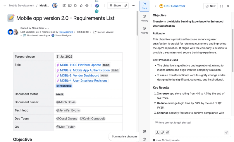 Screenshot of a Confluence page with the OKR Generator Agent open in the Rovo Chat panel