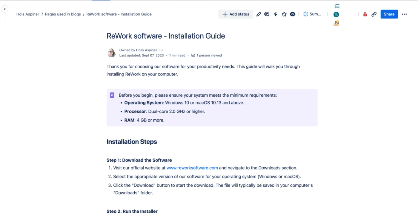 A Confluence page showing installation information and a purple textbox for minimum software requirements
